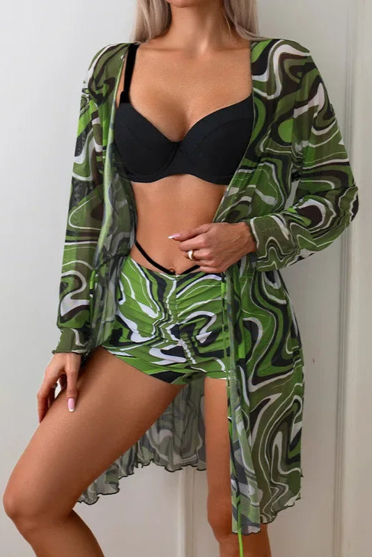 Black Green Printed Bikini with Cover-Up