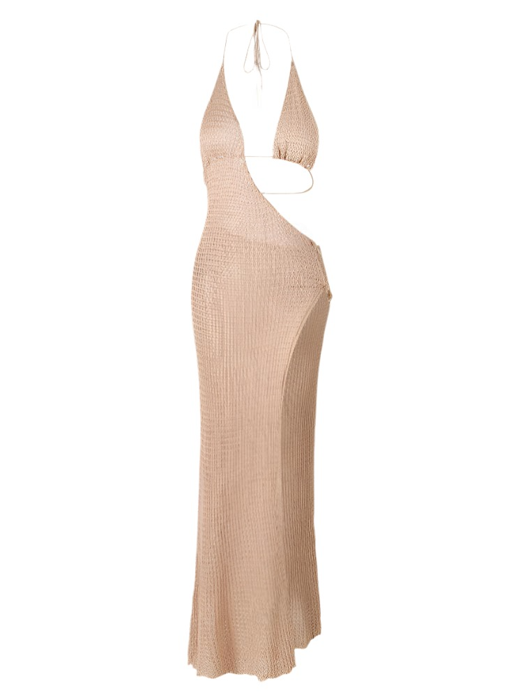 Slim Knit Halter Maxi Dress – Low-Cut Beach Cover-Up with Cut-Out & Circle Detail