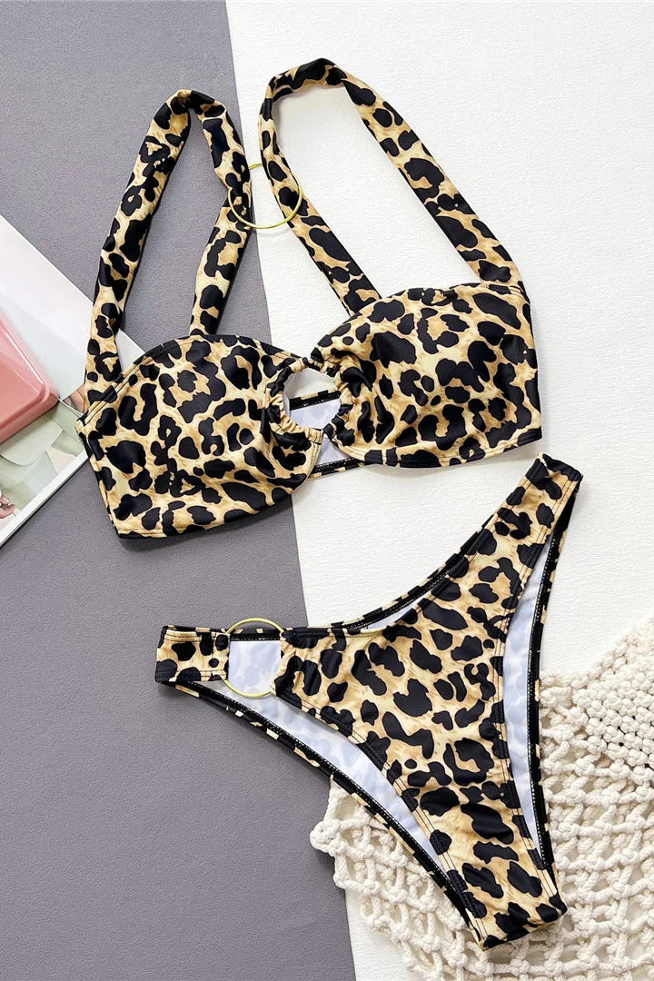 Leopard print bikini set on a gray surface