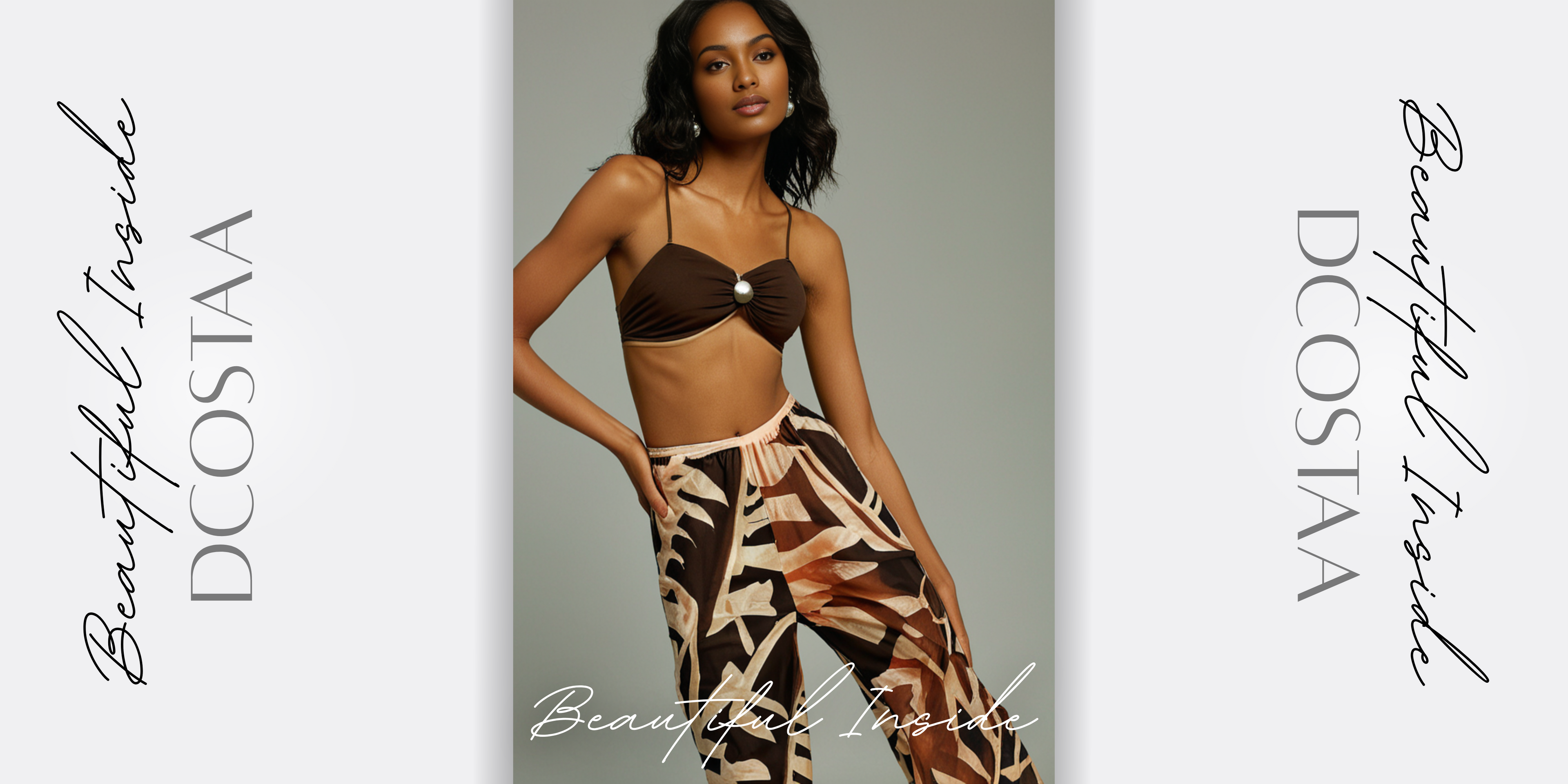 Model wearing a patterned bikini and cover up pants with 'DCOSTAA' branding on a plain background