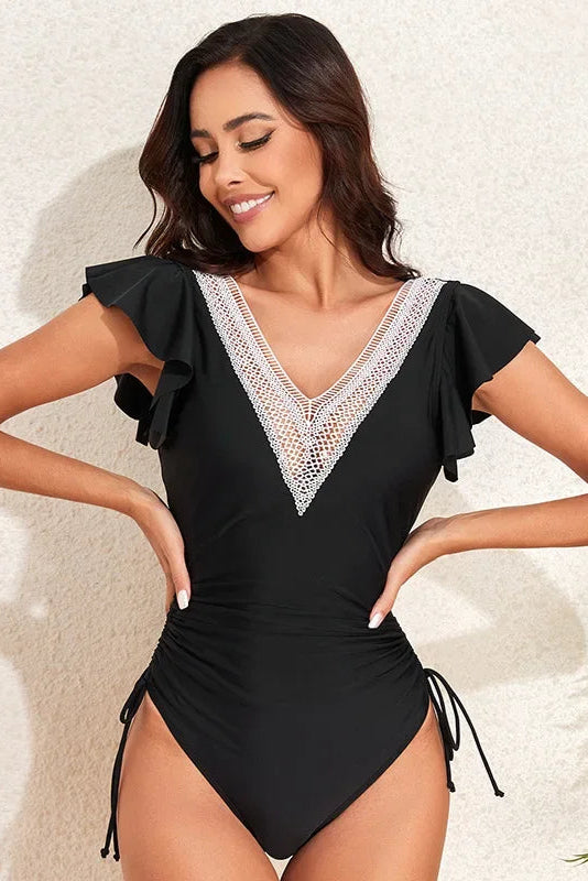 Elegant Ruffle Monokini – Black V-Neck One-Piece Swimwear