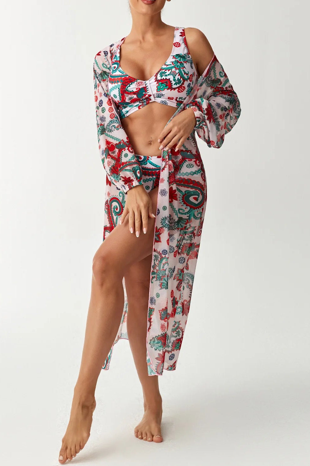Printed Shrug Bikini Set – 3-Piece Swimwear