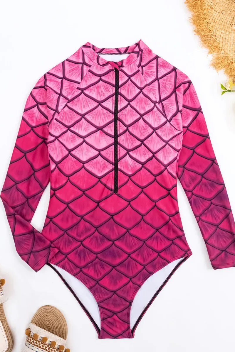 Gradient Zipper One Piece Swimsuit with Long Sleeves – Retro Surfing & Bathing Suit