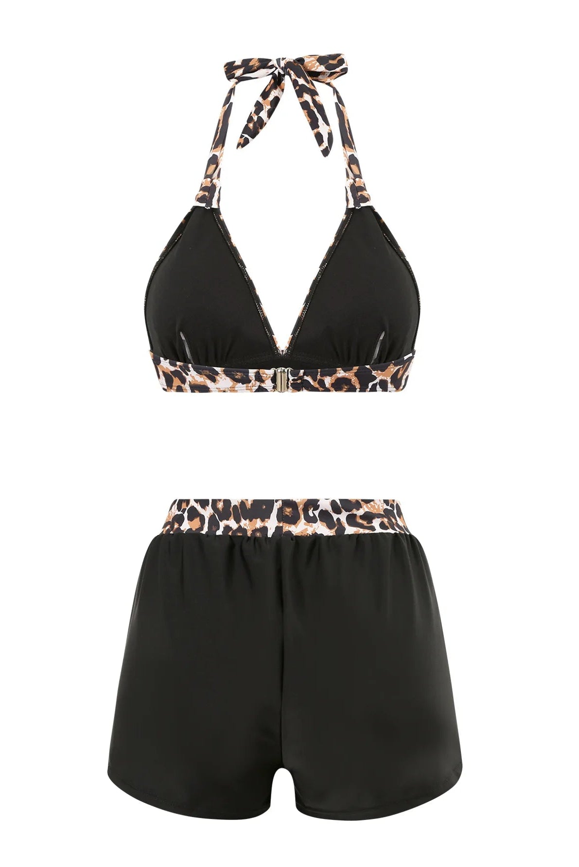 2-Piece Leopard Bikini Set with Shorts – High Waist Halter Swimwear