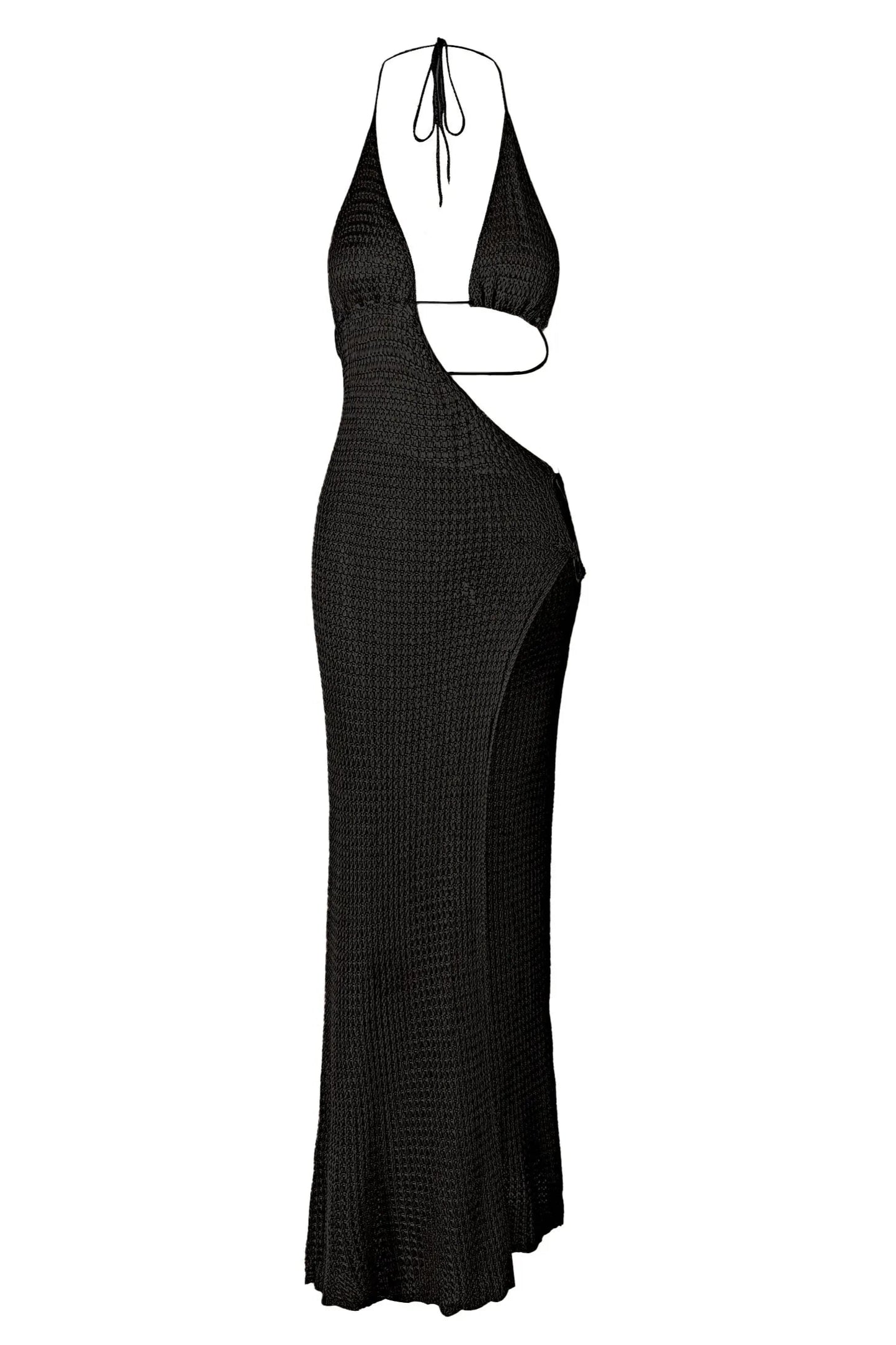 Slim Knit Halter Maxi Dress – Low-Cut Beach Cover-Up with Cut-Out & Circle Detail