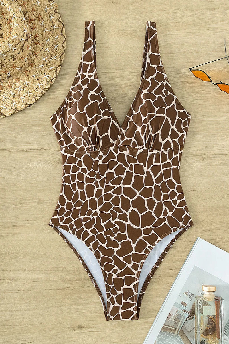 Brown Stone Grain Print One-Piece Swimsuit – Deep V Monokini Beachwear