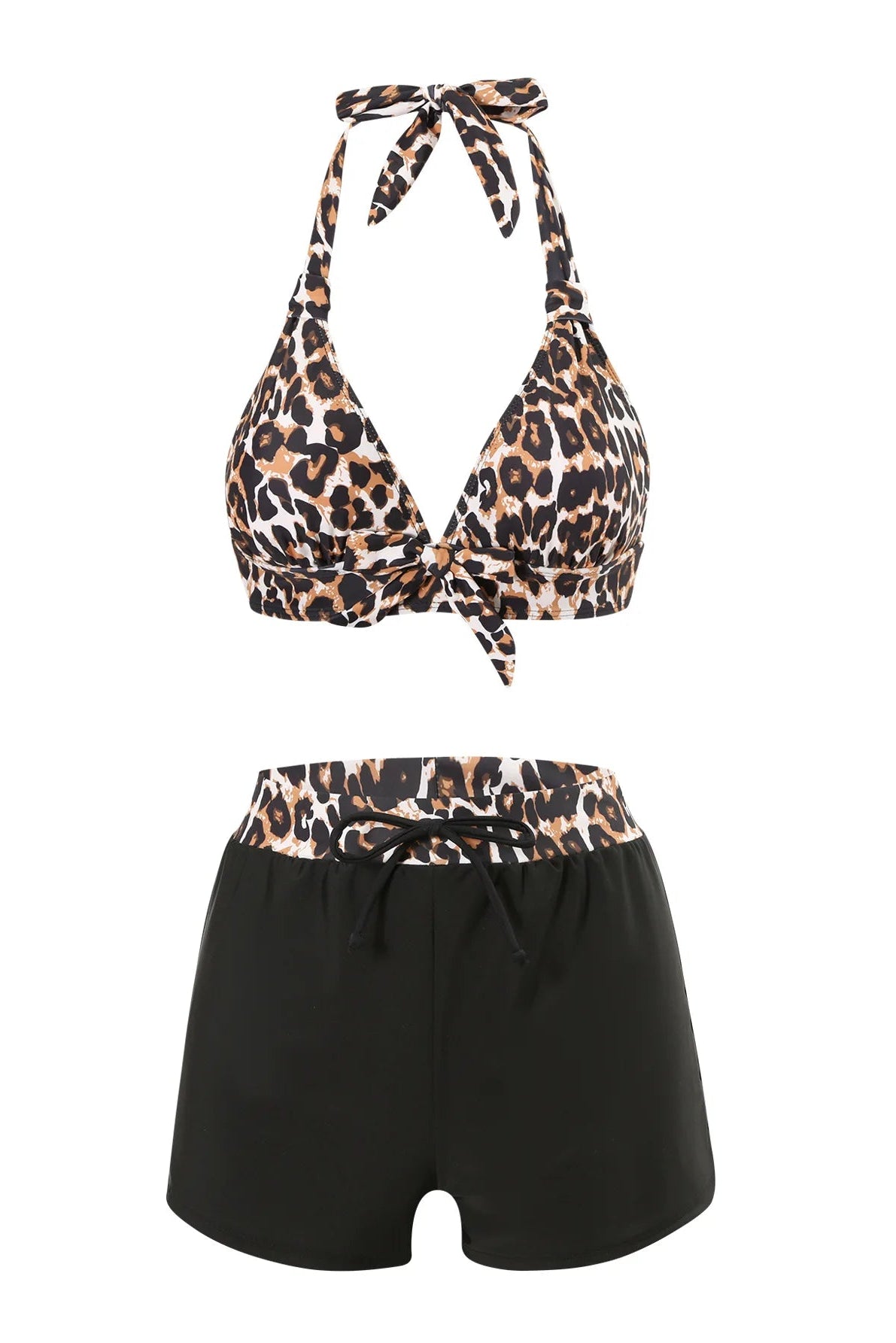 2-Piece Leopard Bikini Set with Shorts – High Waist Halter Swimwear