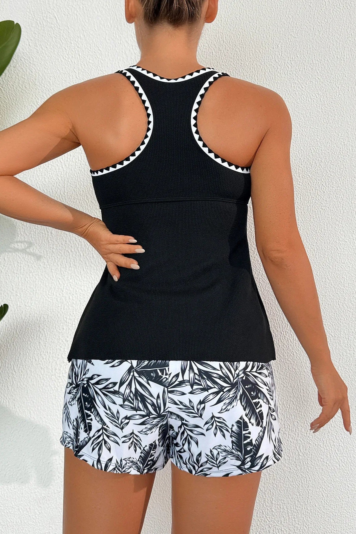 Stylish Print Tankini with Racerback Top & Swim Shorts
