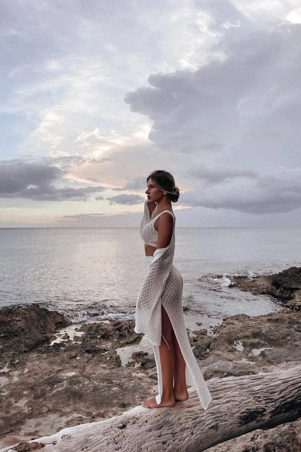 White Knit 2-Piece Set – Swimsuit Cover-Up, Lace-Up Bell Sleeve Top & Half Cut-Out Skirt