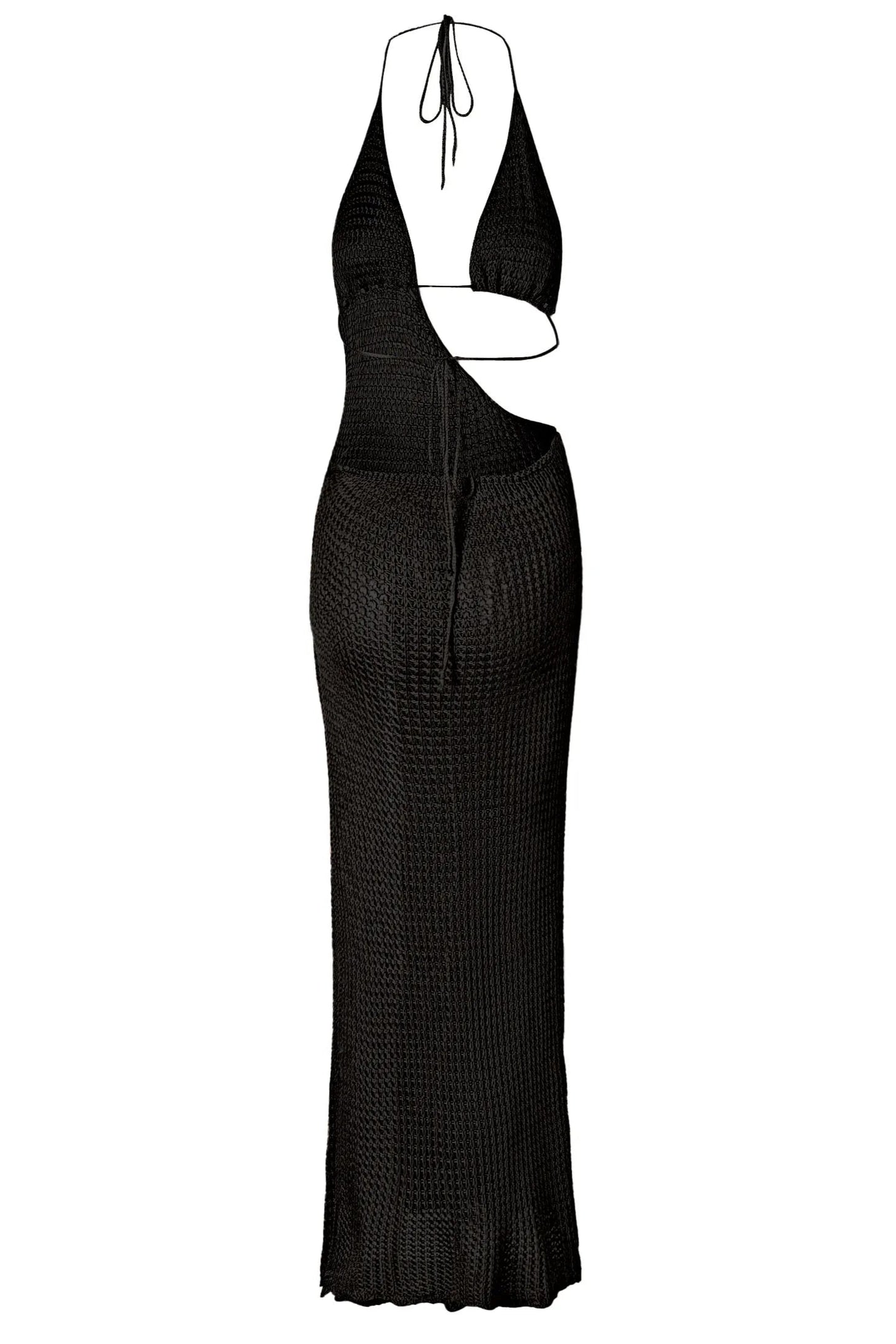 Slim Knit Halter Maxi Dress – Low-Cut Beach Cover-Up with Cut-Out & Circle Detail