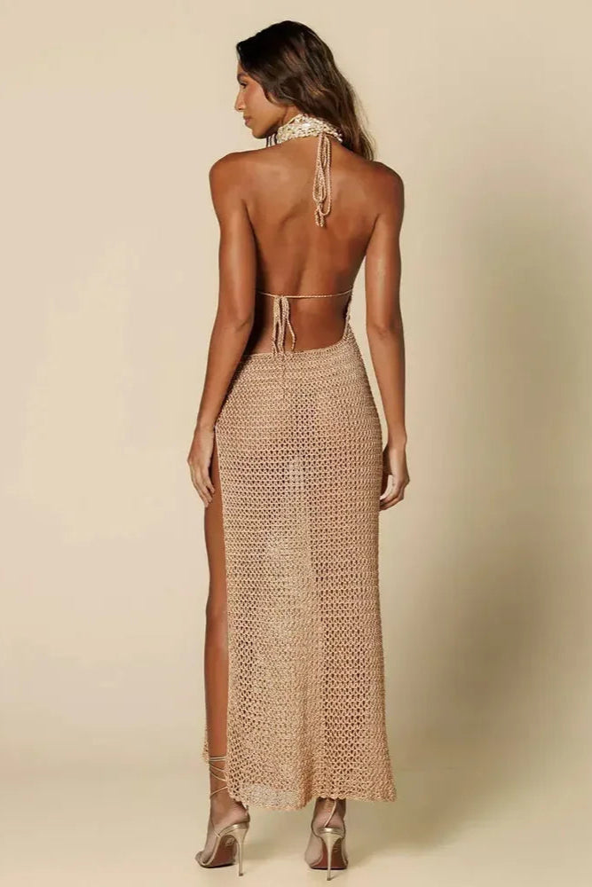 Slim Knit Halter Maxi Dress – Low-Cut Beach Cover-Up with Cut-Out & Circle Detail
