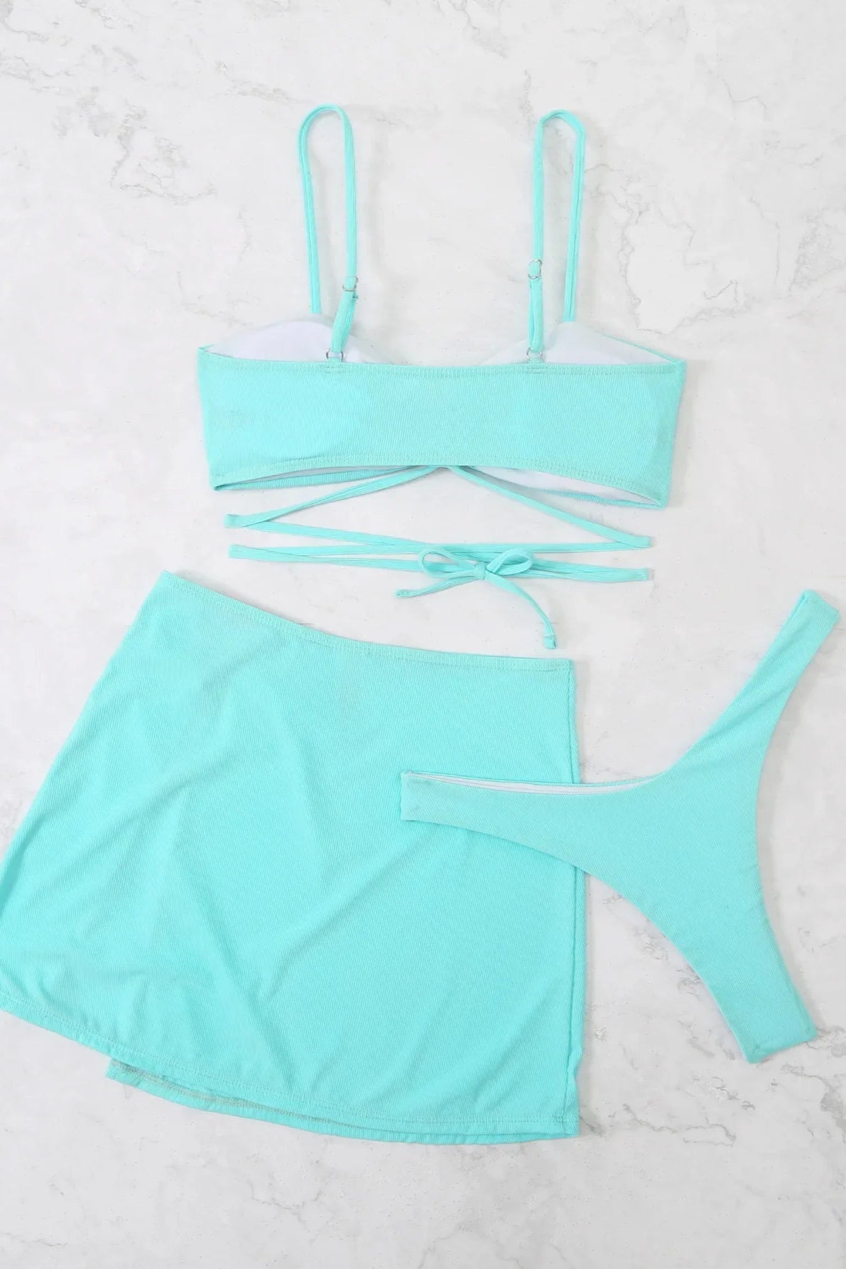Ribbed Thong Bikini Set – 3-Piece Micro Swimwear with Matching Sarong Skirt