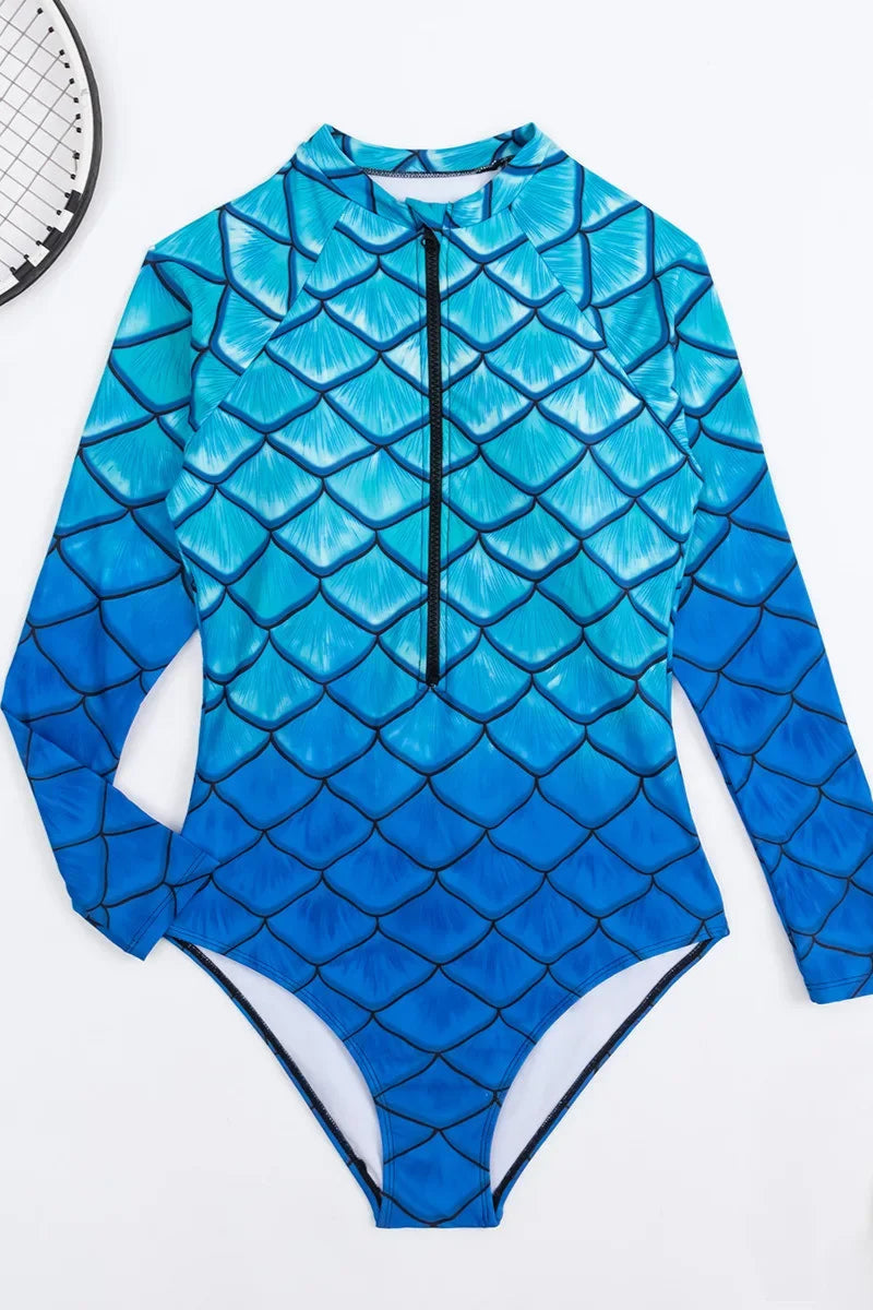Gradient Zipper One Piece Swimsuit with Long Sleeves – Retro Surfing & Bathing Suit