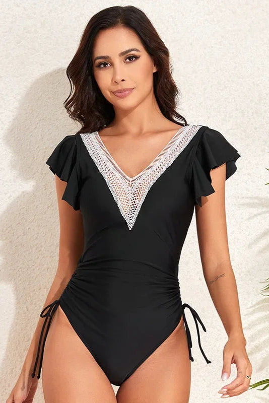 Elegant Ruffle Monokini – Black V-Neck One-Piece Swimwear