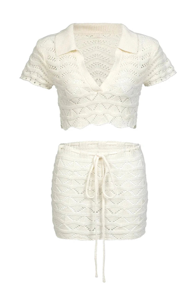 Chic Summer Knit Set – Cut-Out Lapel Top with Lace-Up Mini Skirt Beach Cover-Up