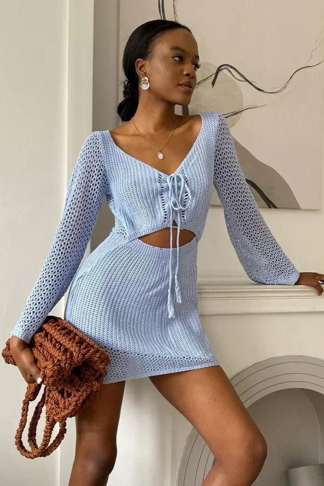 Summer Holiday Knit Dress – Cut-Out V-Neck Beach Cover-Up