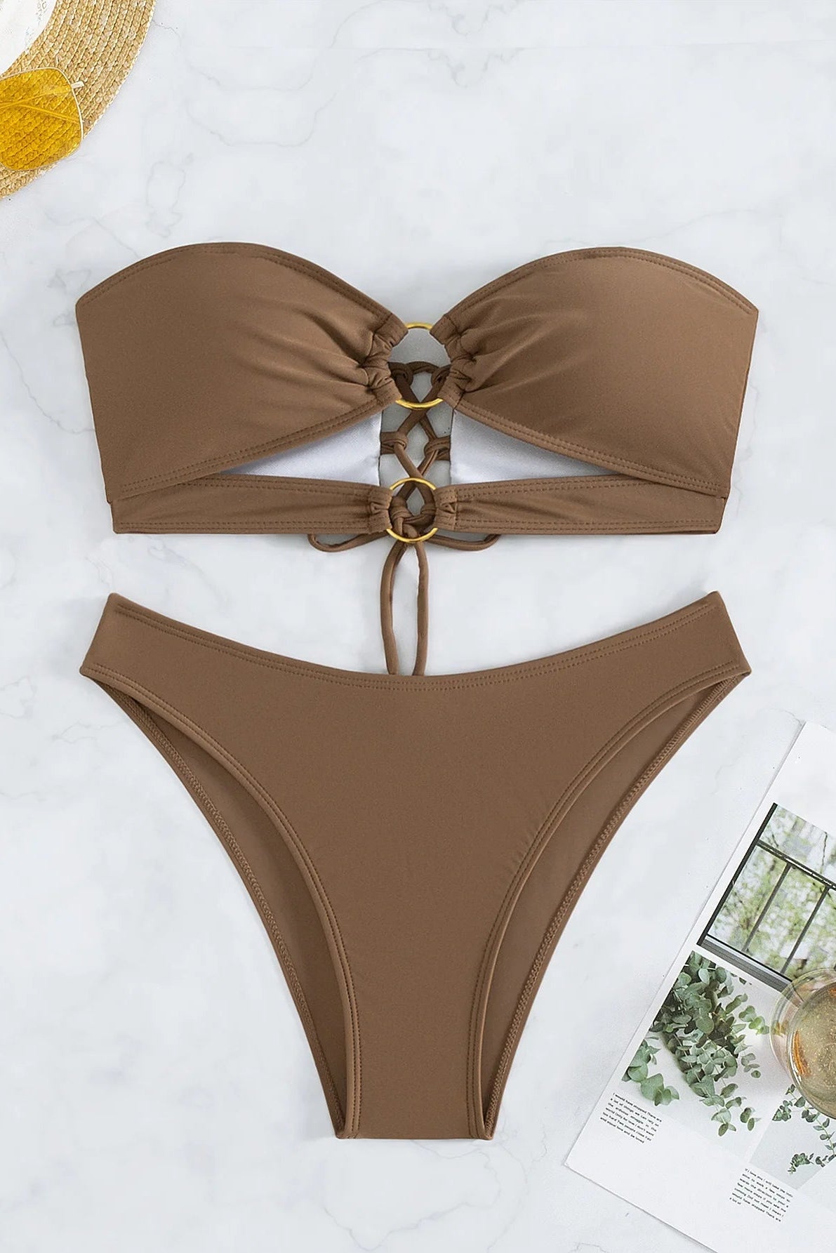 Brown Bandeau Bikini Set – Sexy Thong Cut Brazilian Swimsuit