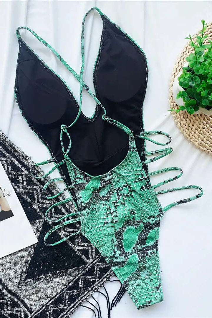 Sexy Deep V Snake Skin One Piece
