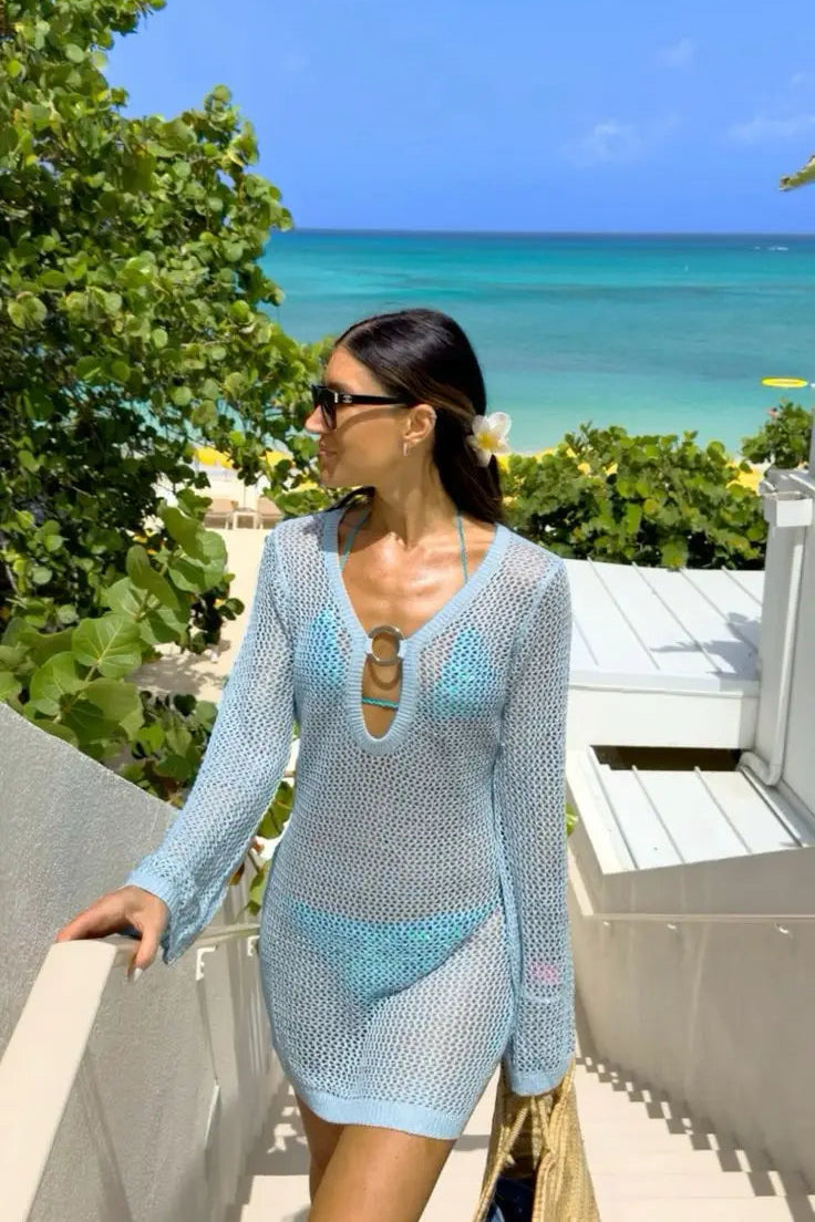 See-Through Mesh Mini Dress – Hollow Out Swimsuit Cover-Up for Beachwear