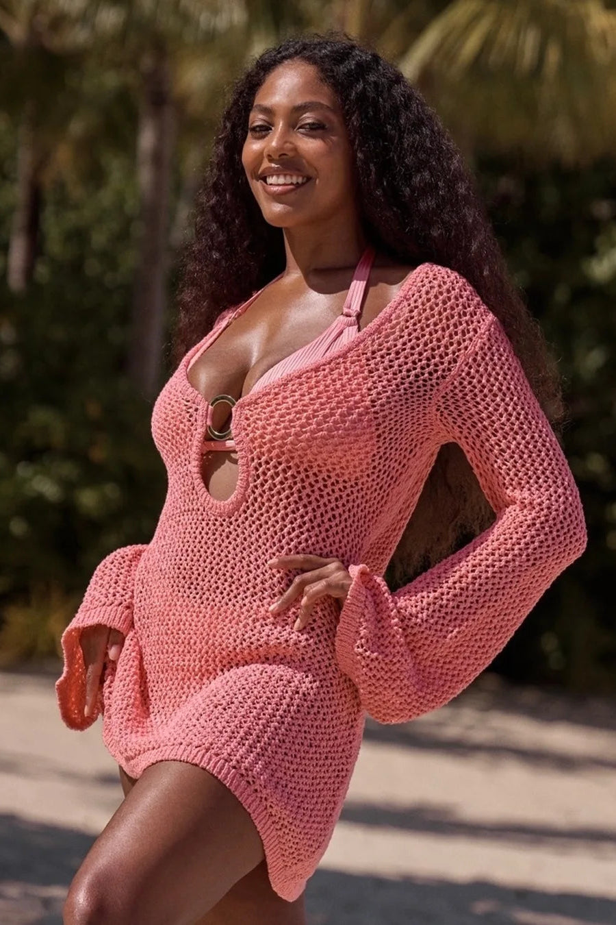 See-Through Mesh Mini Dress – Hollow Out Swimsuit Cover-Up for Beachwear