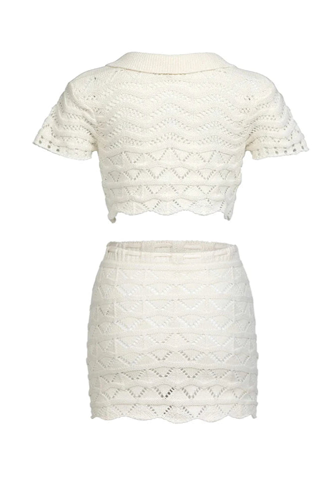 Chic Summer Knit Set – Cut-Out Lapel Top with Lace-Up Mini Skirt Beach Cover-Up