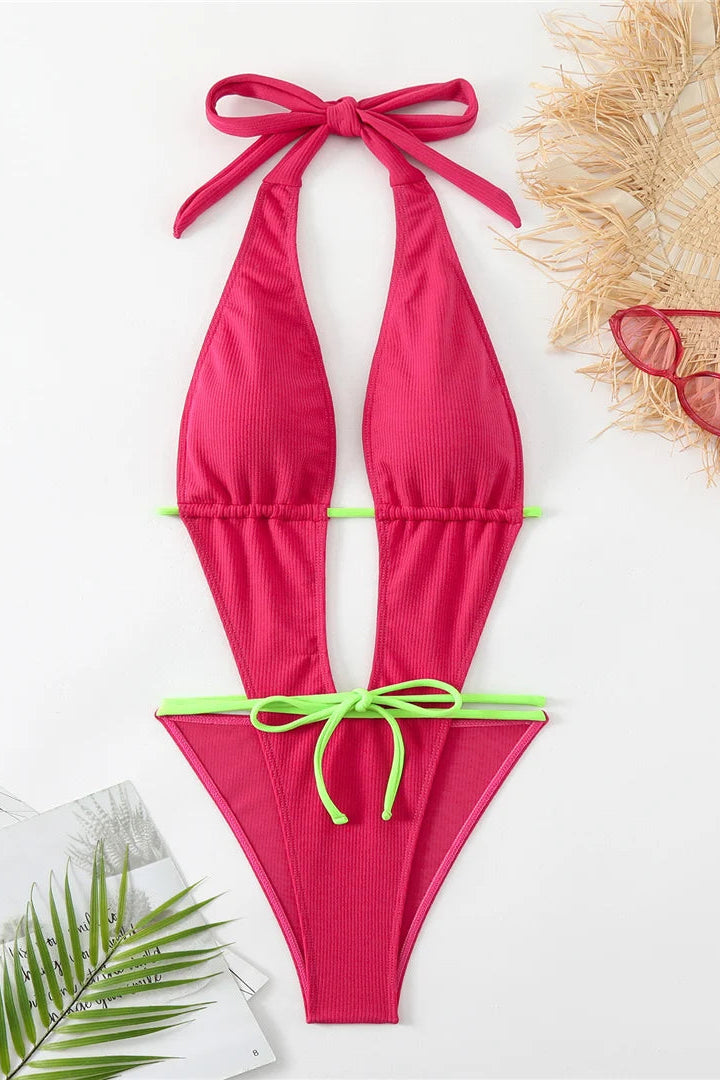 Trendy swimwear Deep V High Cut Wrap One Piece Swimsuit