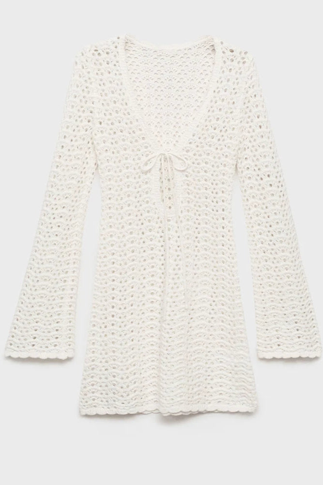 White Deep V Knit Mini Dress Swimsuit Cover-Up