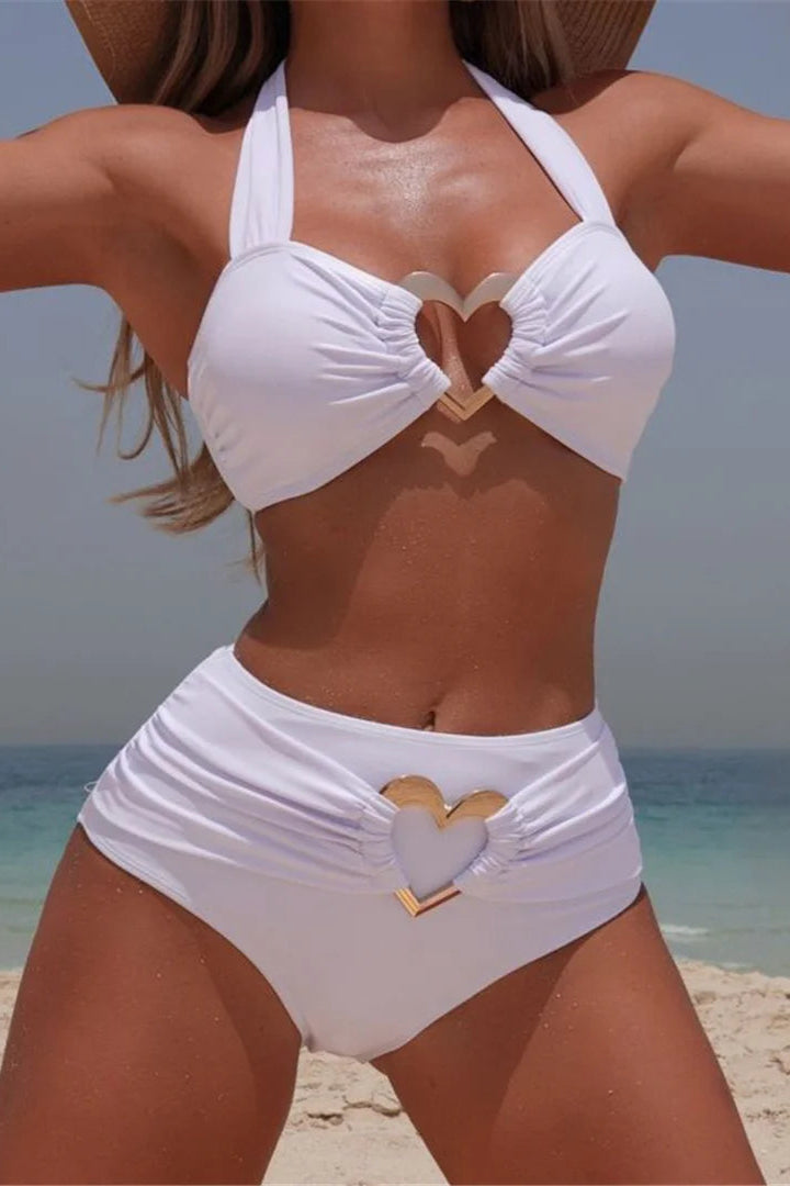 White Halter Scrunch Butt High Waist Bikini Set white for women