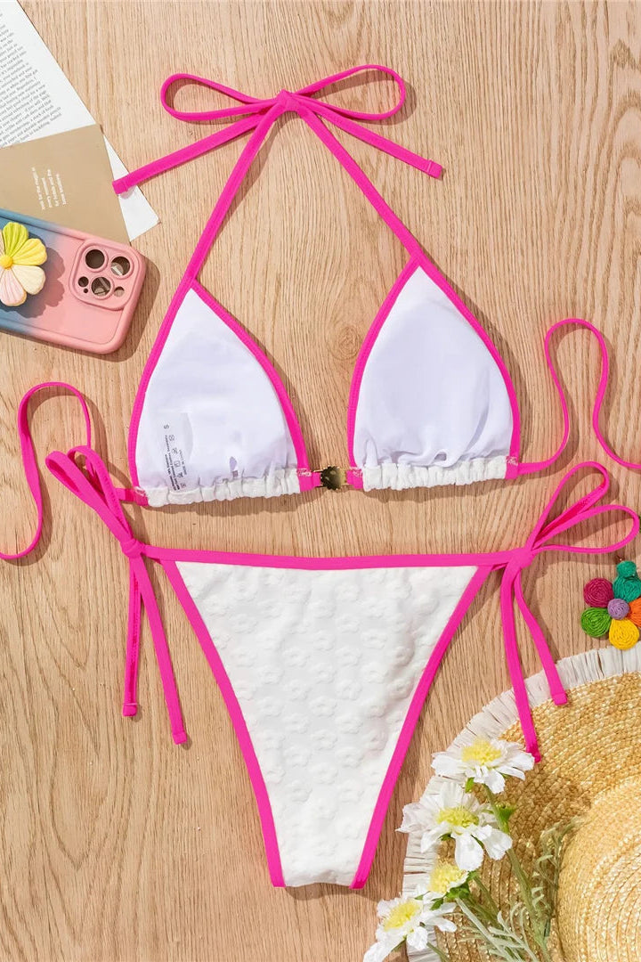 White bikini with pink straps