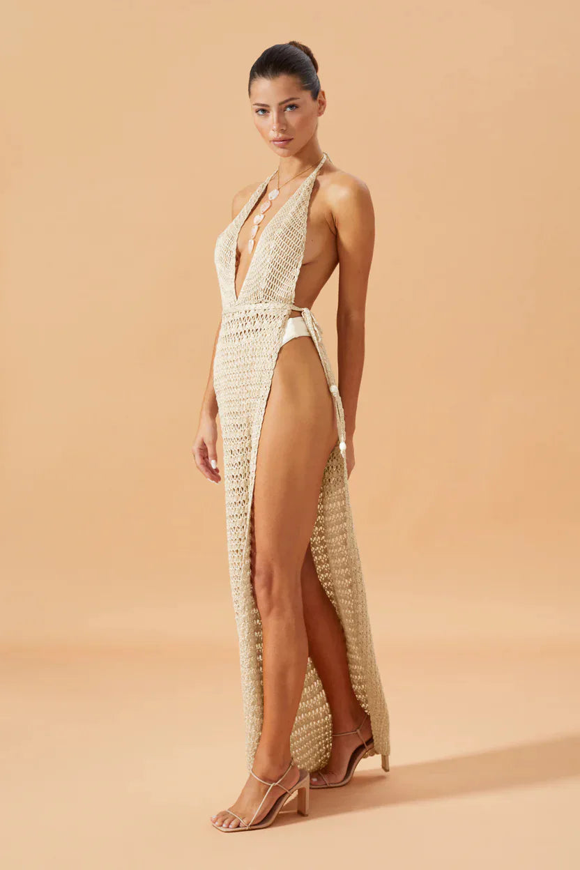 beige V-Neck Knit Maxi Dress