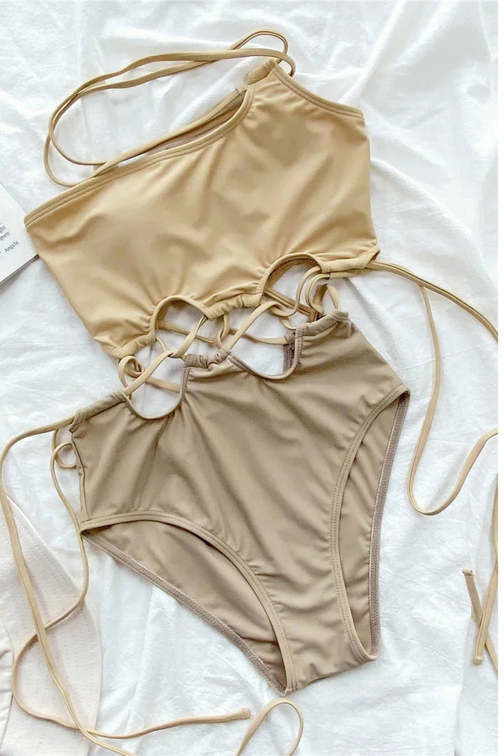 cream Wrap Around One Shoulder Swimwear