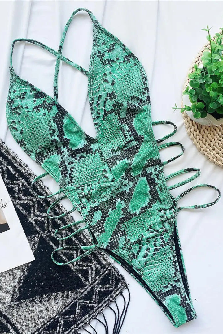 green Deep V Snake Skin One Piece Swimwear
