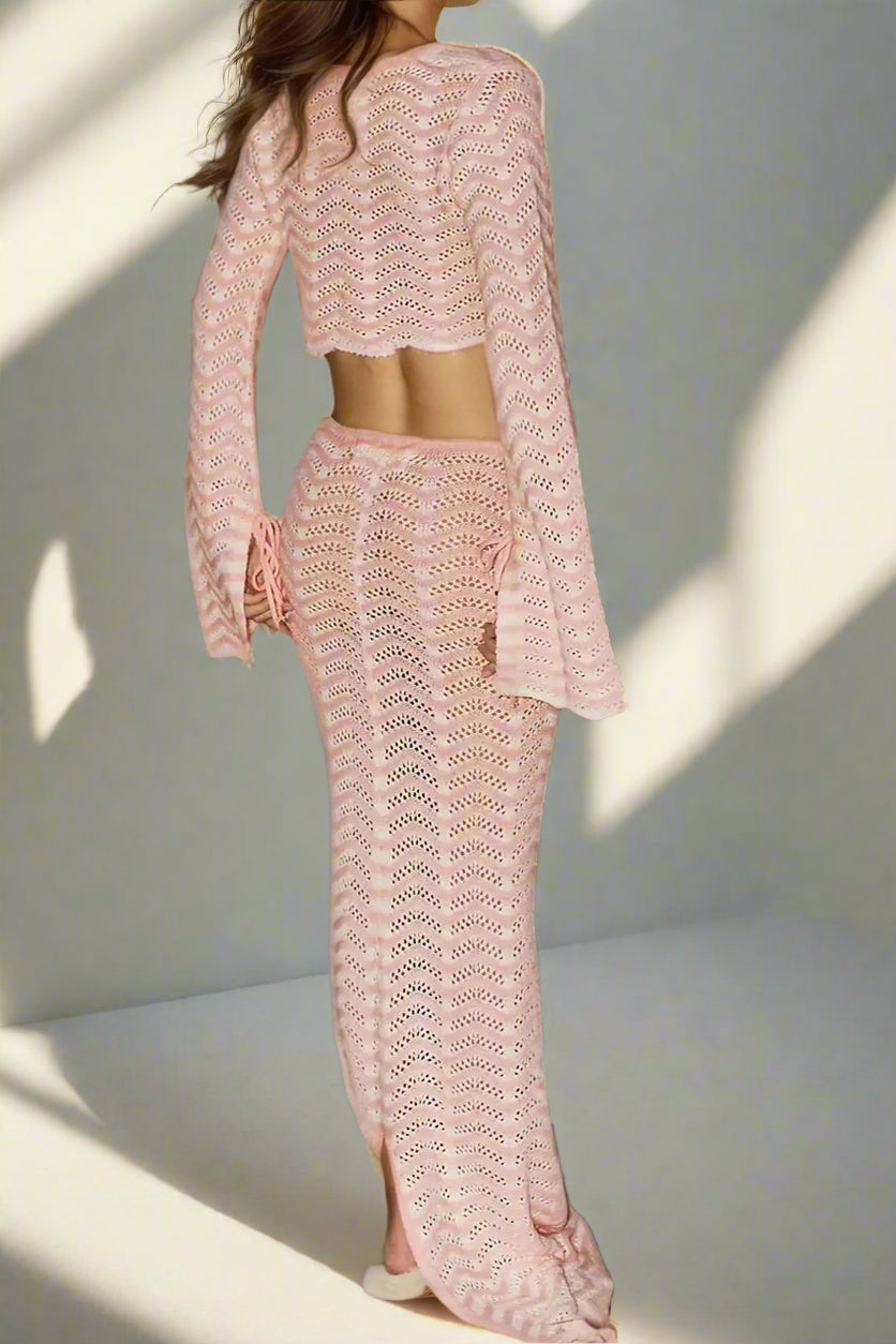 pink Knit Beach Set – Lace-Up Top & Skirt