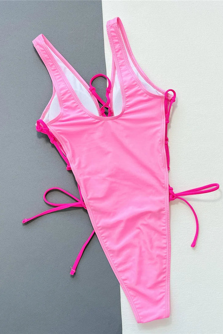 shop now Sexy Lace Up High Leg One Piece Swimwear