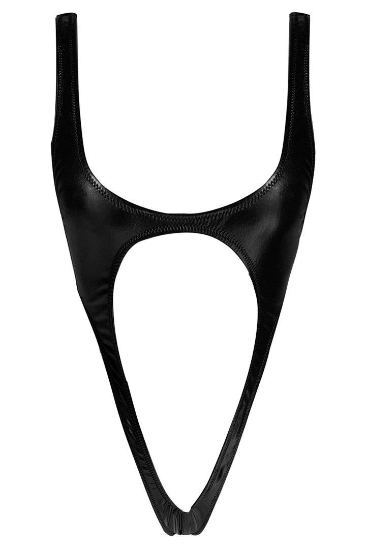 trendy Faux Leather Cut Out Thong One Piece