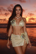 3D Flowers With Mini Skirt Bikini Three-Pieces Set - Gold