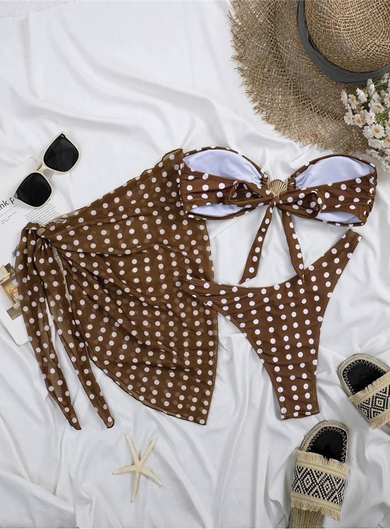 3 piece swimwear set for women brown polka dot bandeau bikini top matching bottom and sarong  