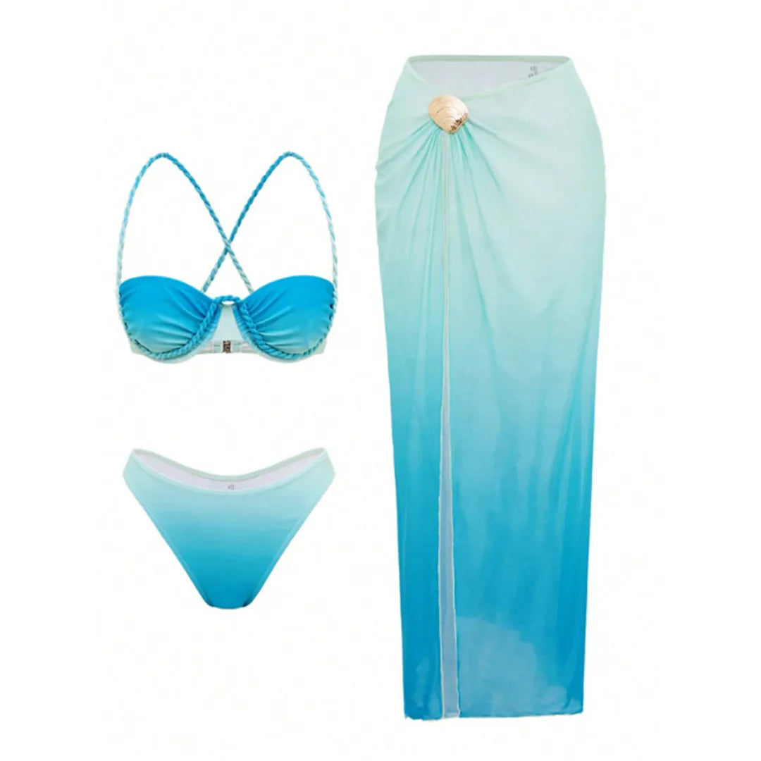 3 piece swimwear set with bikini and sarong cover up