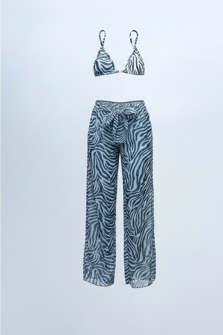 A 3-piece swimwear set featuring a zebra-print triangle bikini top  Coordinated pants