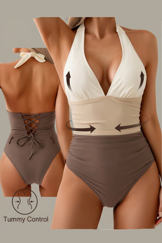 A woman modeling a one-piece high-waisted swimsuit with a cream halter top and taupe-brown high-cut bottoms. The image includes a smaller inset showing the back of the swimsuit with lace-up detailing, plus arrows and text indicating tummy control shaping.