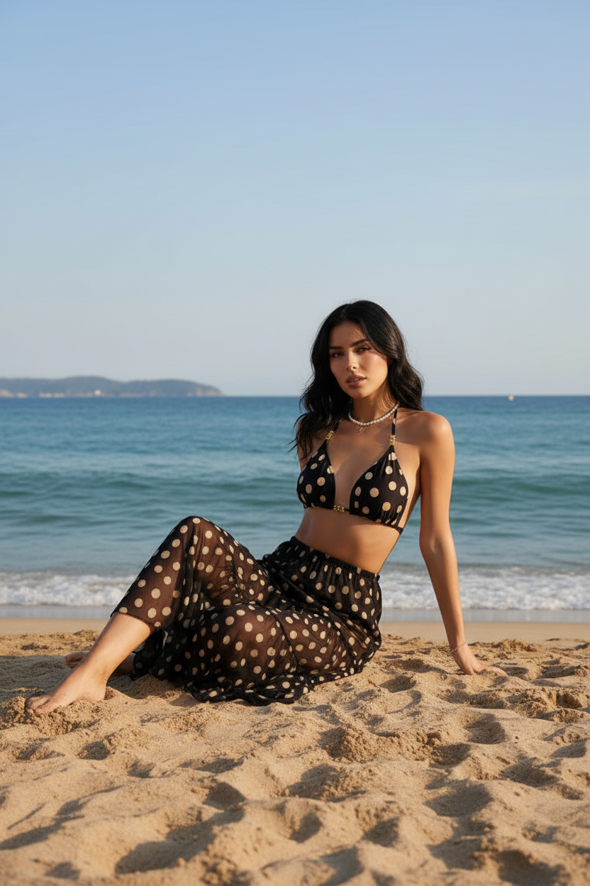 A woman sits on a sandy beach wearing a black sheer mesh cover up skirt and bikini swimsuit with beige polka dots