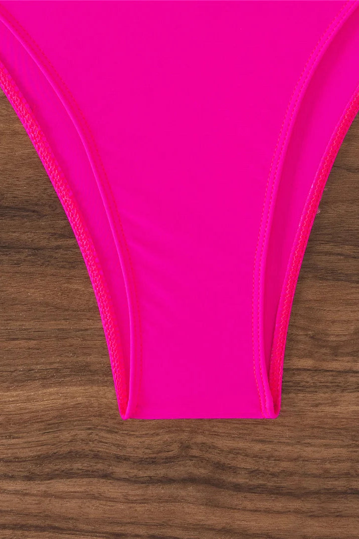 Affordable bikinis  Hot Pink Sheer Bandeau High Waist Bikini Set for Women