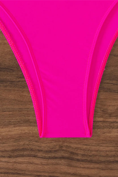 Affordable bikinis  Hot Pink Sheer Bandeau High Waist Bikini Set for Women