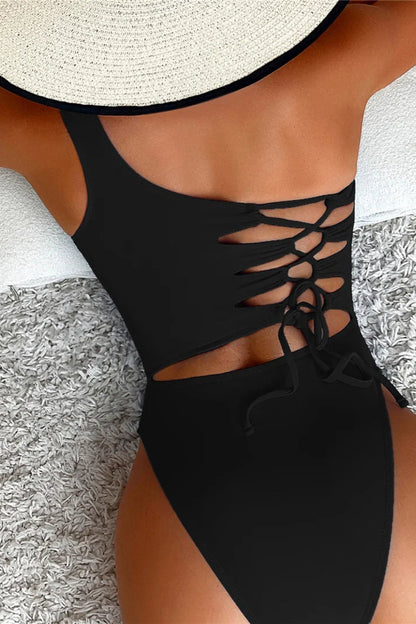 Affordable bikinis Lace-Up One Shoulder Cut Out Swimsuit
