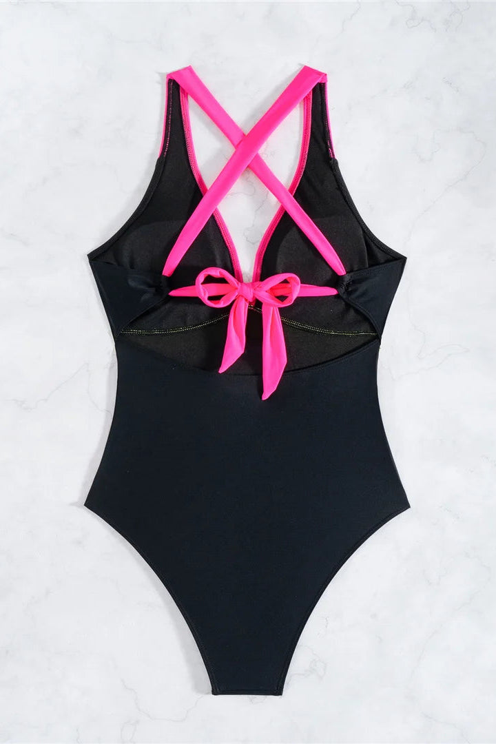 Affordable bikinis Splicing V Neck Cross Back One Piece Swimwear