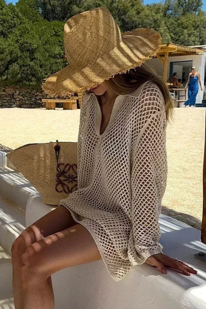 Beige Boho Knit Hollow Out Beach Cover-Up 