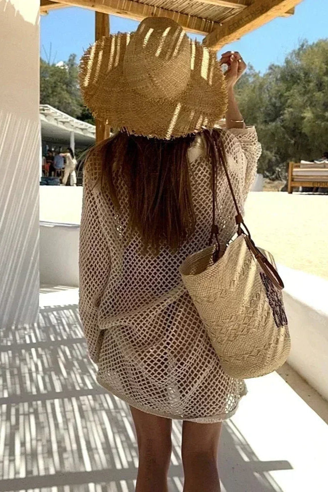 Beige Boho Knit Hollow Out Beach Cover-Up Dress