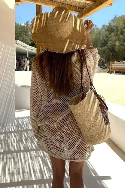 Beige Boho Knit Hollow Out Beach Cover-Up Dress
