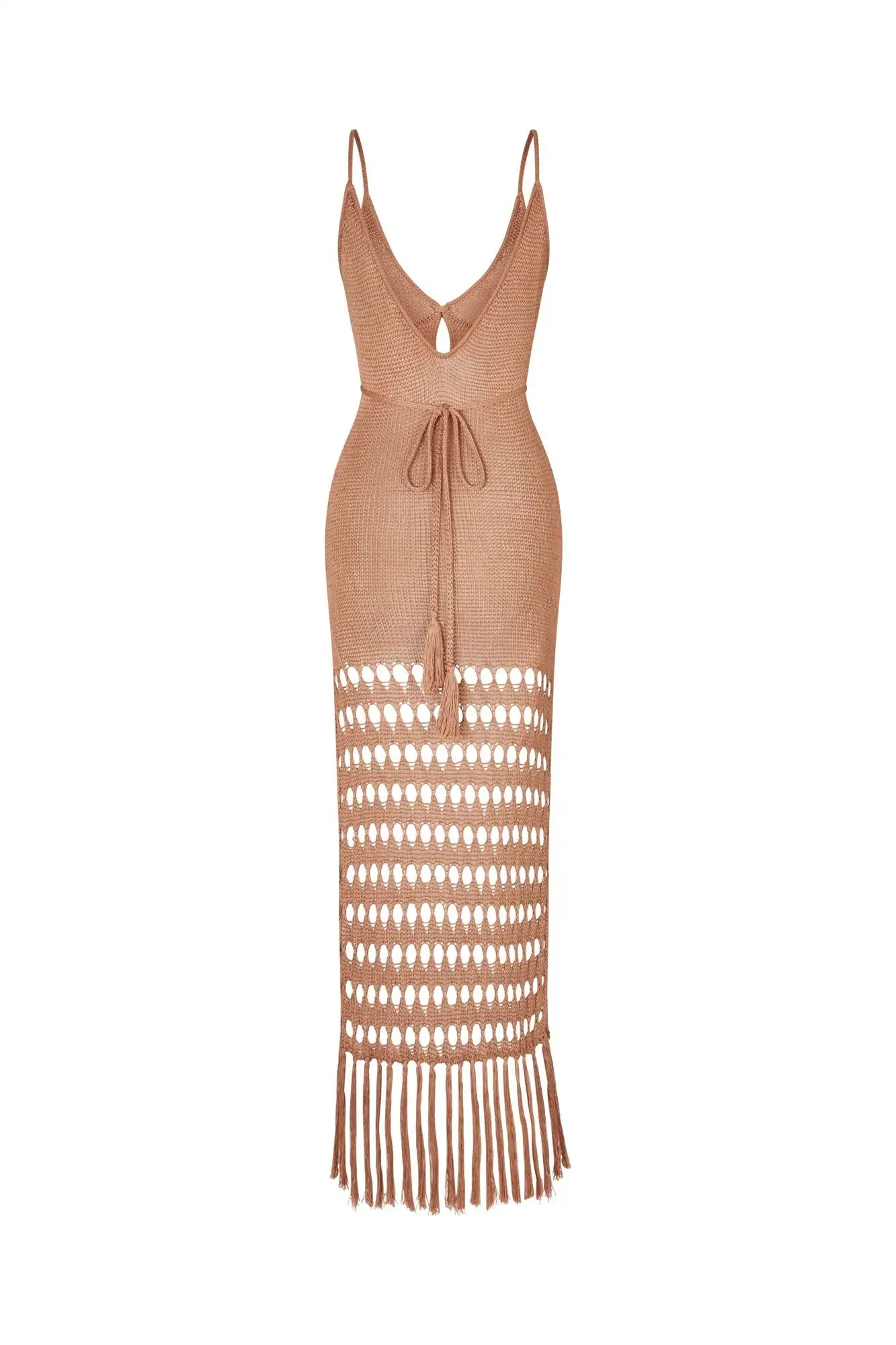 Beige dress with a unique cut-out design on a white background