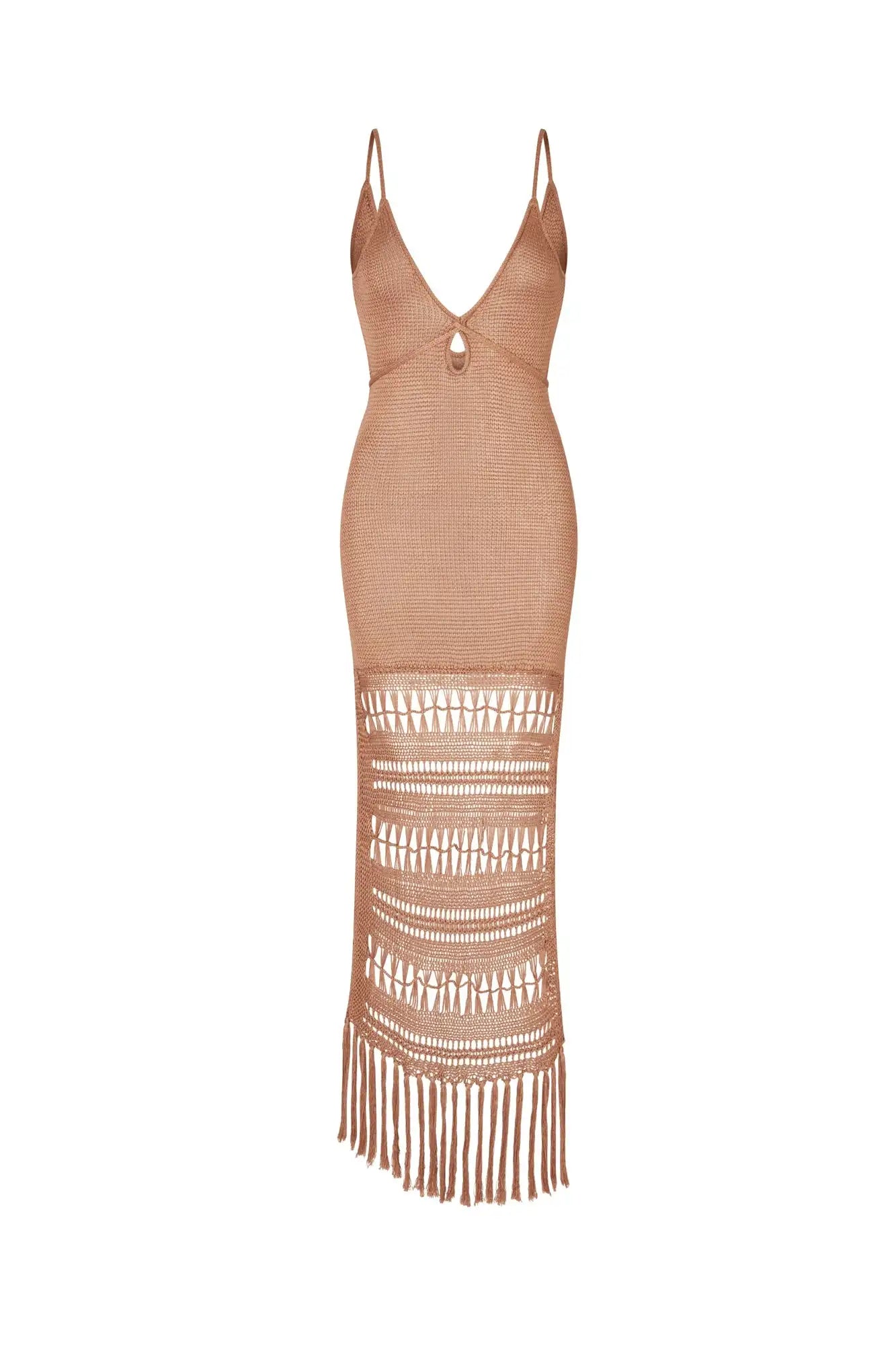 Beige dress with fringe details on a white background